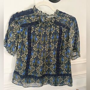 Daniel Rainn Navy Blue Floral Lace-Trim Blouse